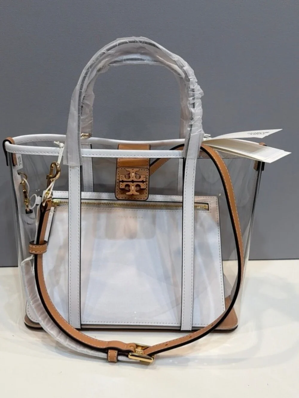 Tory Burch Clear Tote with White Trim and Tan Base Accents/ Bnwt/ & POUCH!